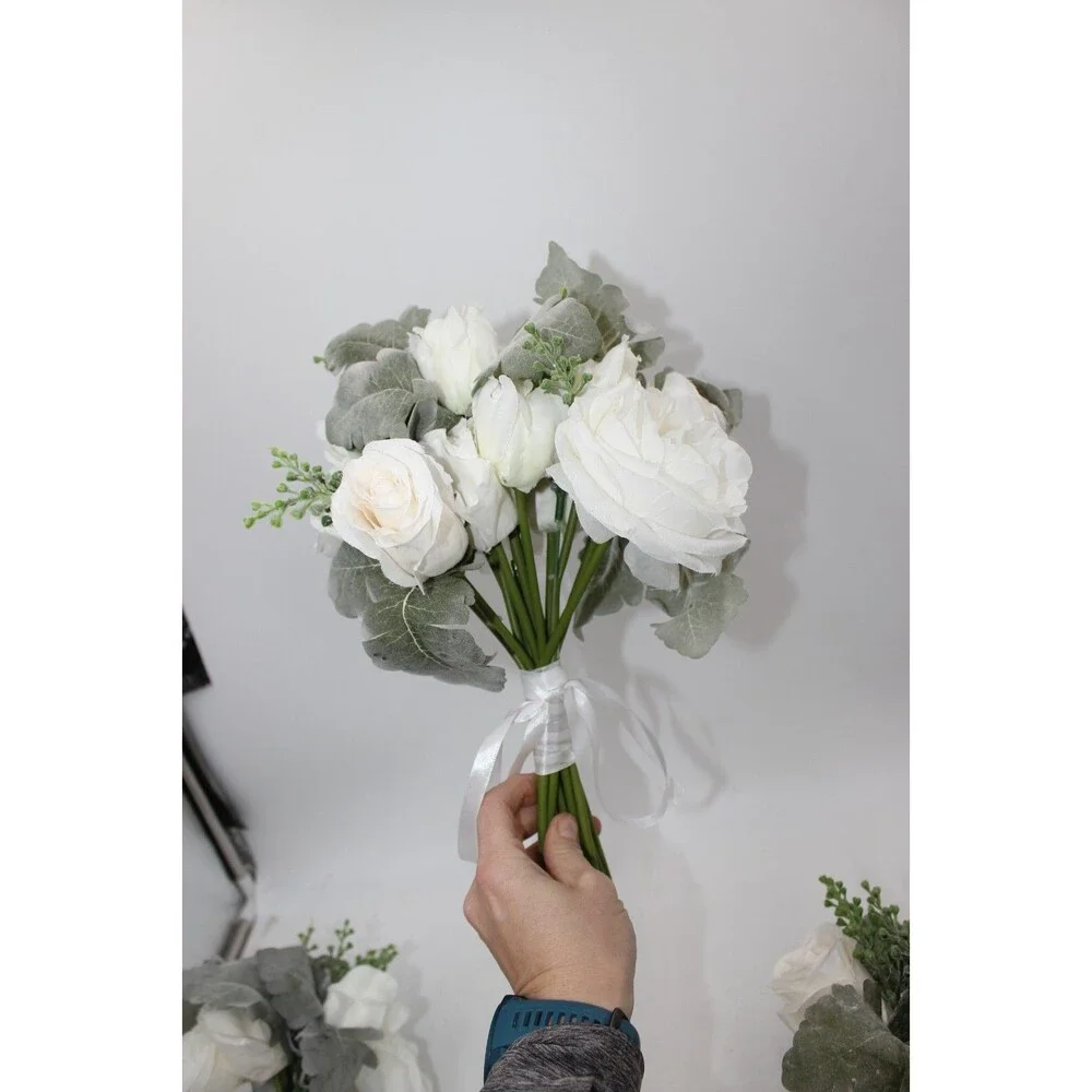 Wedding Artificial Flower Bouquet Lot of 3 Bridesmaid Bridal Flower Girl WHITE